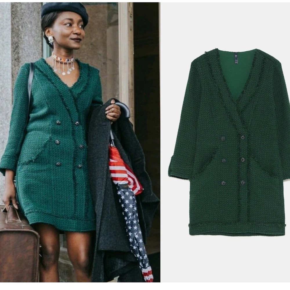 Zara Tweed Dress Blazer Green Double Breasted size XS